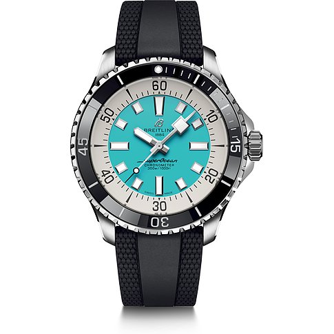 Breitling Herrenuhr mit Edelstahlgehäuse, türkisem und weißem Zifferblatt.