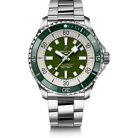 Breitling SuperOcean Herrenuhr aus Edelstahl mit grünem Zifferblatt und grüner drehbarer Lünette.