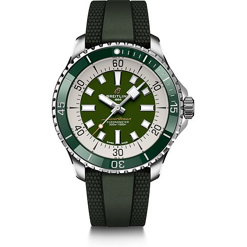 Breitling Herrenuhr aus Edelstahl mit leuchtend grünem Zifferblatt und passendem Kautschukarmband.