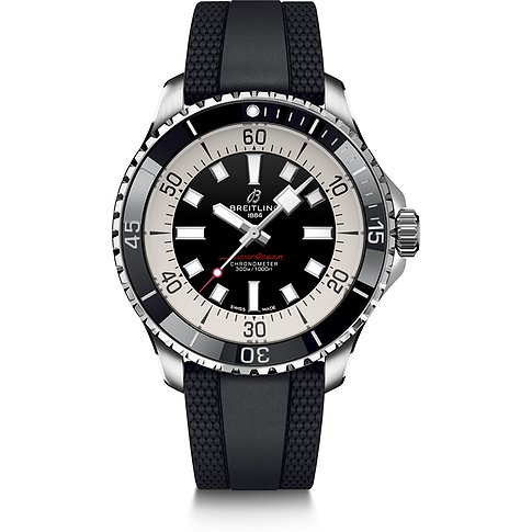 Breitling Superocean Herrenuhr aus Edelstahl mit schwarzem und weiß-grauem Zifferblatt und schwarzem Kautschukarmband.