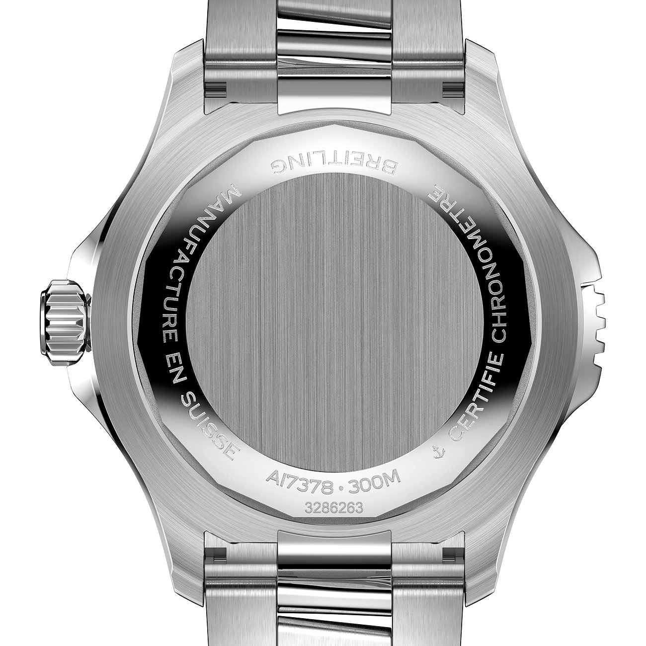 Rückansicht einer Breitling Herrenuhr aus Edelstahl. Die Rückseite ist graviert mit „Manufaktur en Suisse“ und „Breitling“.