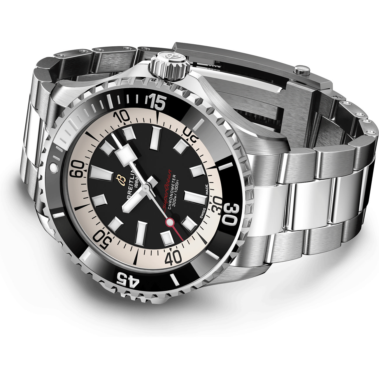 Breitling Herrenuhr aus Edelstahl aus der Vogelperspektive, mit schwarzem Zifferblatt und silbernem Armband.