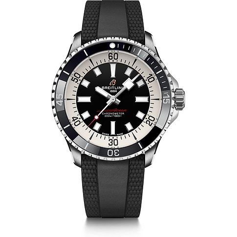 Breitling Superocean Herrenuhr aus Edelstahl, Vorderansicht, schwarzes Zifferblatt und schwarzes Band.