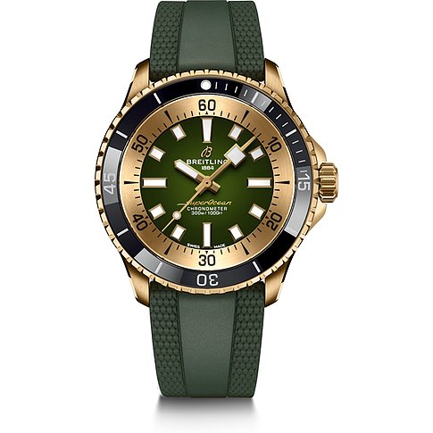 Breitling Herrenuhr aus Bronze mit grünem Zifferblatt und schwarzer Lünette.