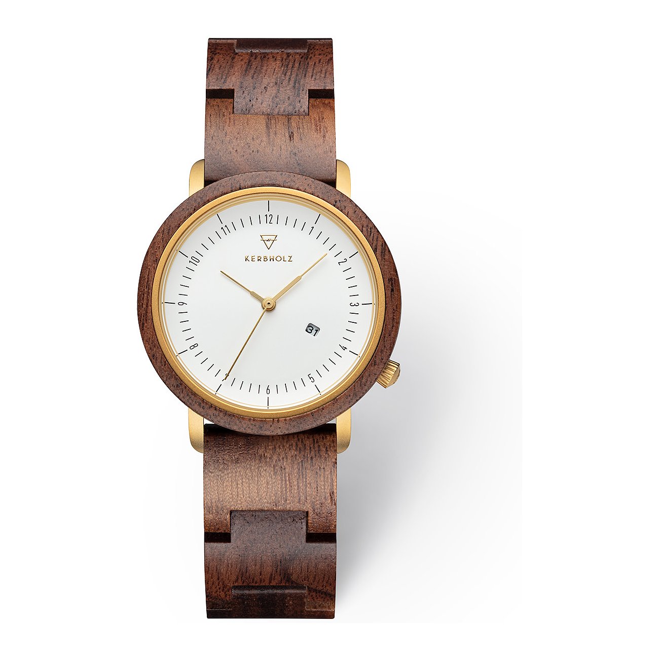 Kerbholz Damenuhr aus Holz und Edelstahl. Diese Holzuhr hat ein weißes Zifferblatt mit goldenen Zeigern.