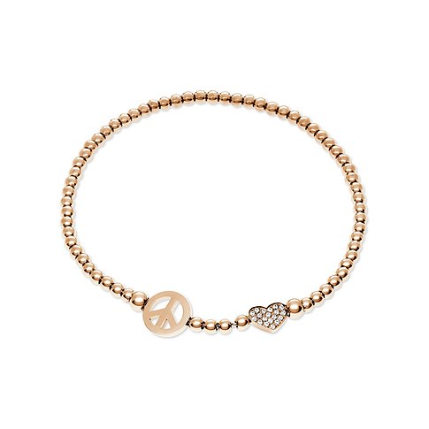 Guido Maria Kretschmer Armband aus roségoldenem Edelstahl mit Peace-Zeichen und Herzanhänger mit Zirkonia-Farbsteinen.