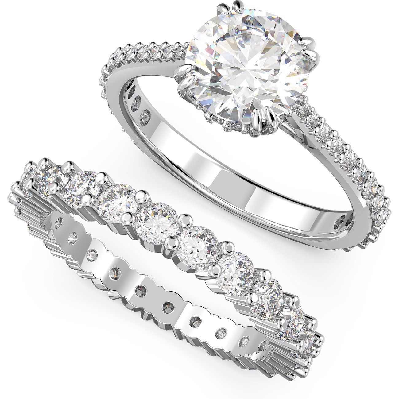 Swarovski Schmuckset aus Metall mit Kristallen, Ring mit großem Solitär und Eternity-Ring.