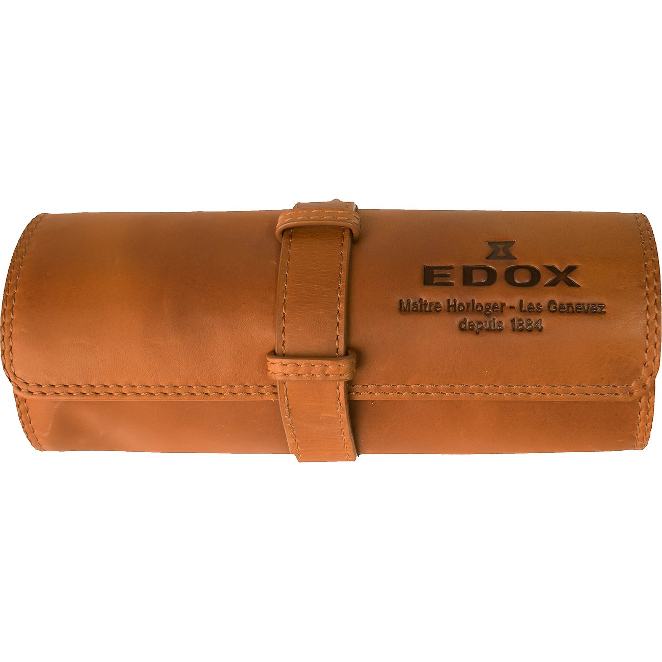 Braunes Edox Edelstahl-Sets-Etui aus Kunstleder mit schwarzem Logo, von vorne gesehen.