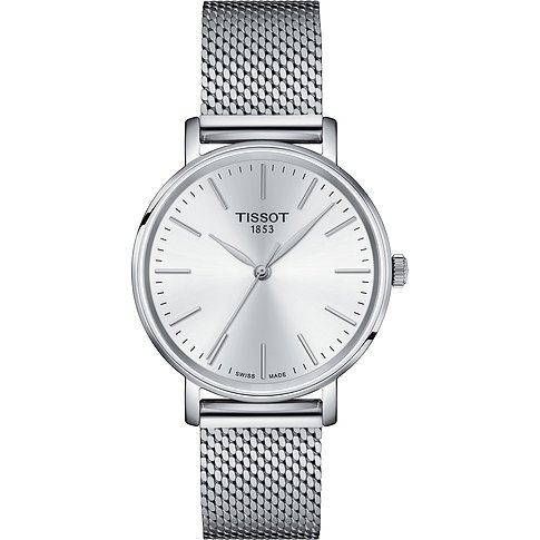 Tissot Damenuhr mit Edelstahlgehäuse und Mesh-Armband, analog.