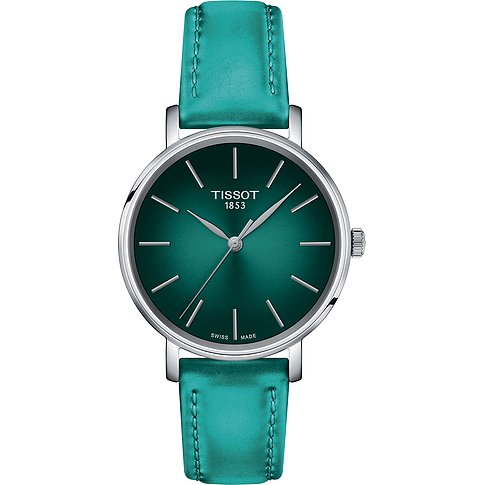 Tissot Damenuhr mit Edelstahlgehäuse und petrolfarbenem Lederarmband.