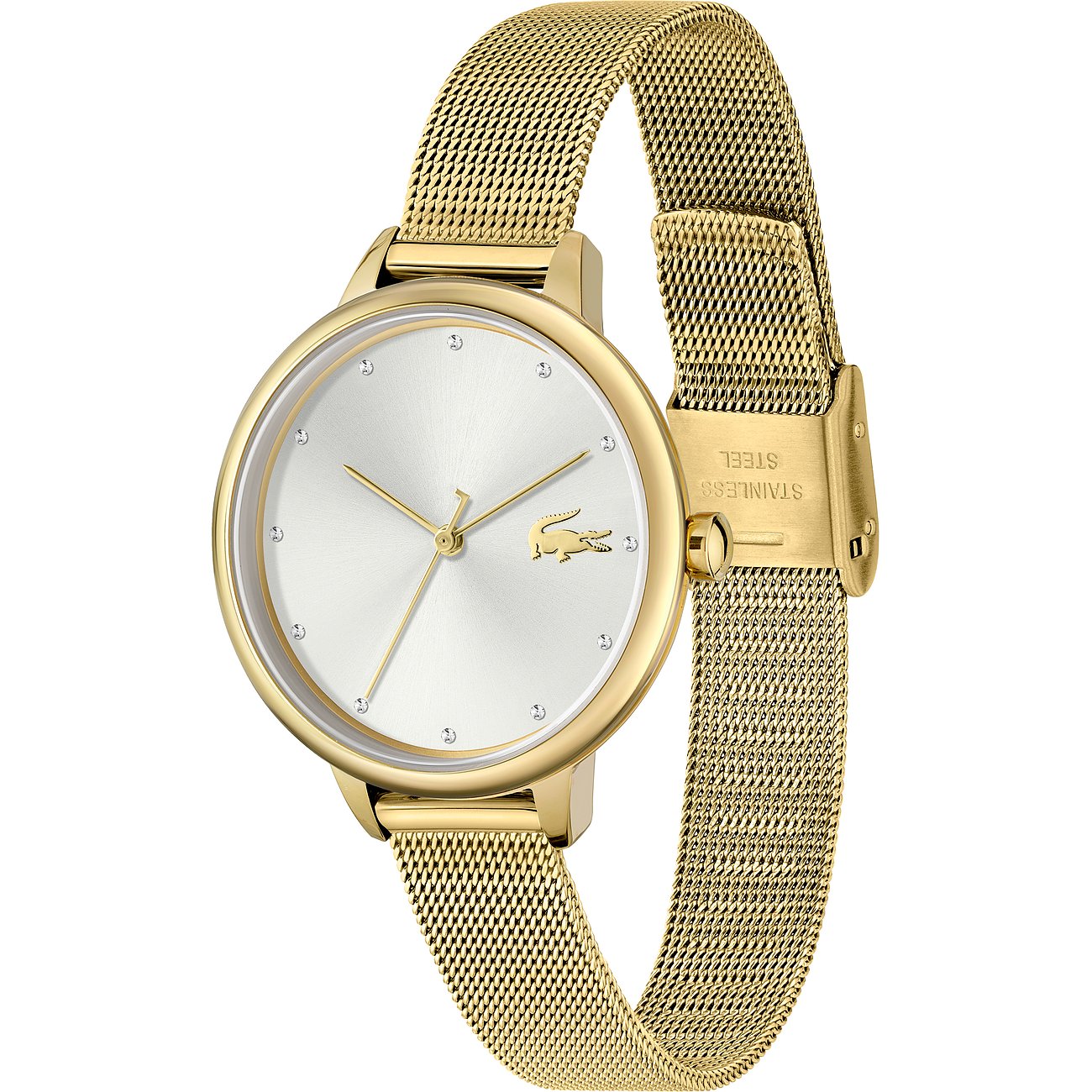 Lacoste Damenuhr aus goldfarbenem Edelstahl mit Milanese-Armband und dezenten Schmucksteinen auf dem Zifferblatt.
