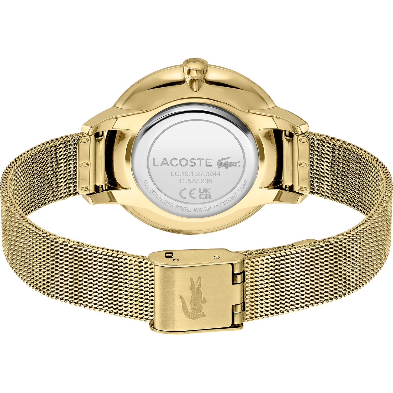 Rückseite einer Lacoste Damenuhr aus goldfarbenem Edelstahl mit Milanese-Armband und graviertem Lacoste-Krokodil.