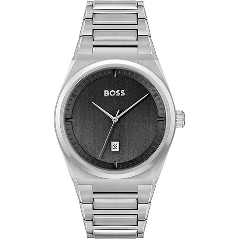 Eine Boss Herrenuhr aus Edelstahl mit einem dunklen Zifferblatt und Datumsanzeige, aus der Vogelperspektive gesehen.