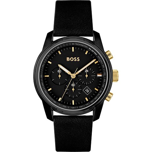 Die Herrenuhr von Boss aus Edelstahl zeigt schwarzes Zifferblatt und schwarzes Armband mit goldfarbenen Details.