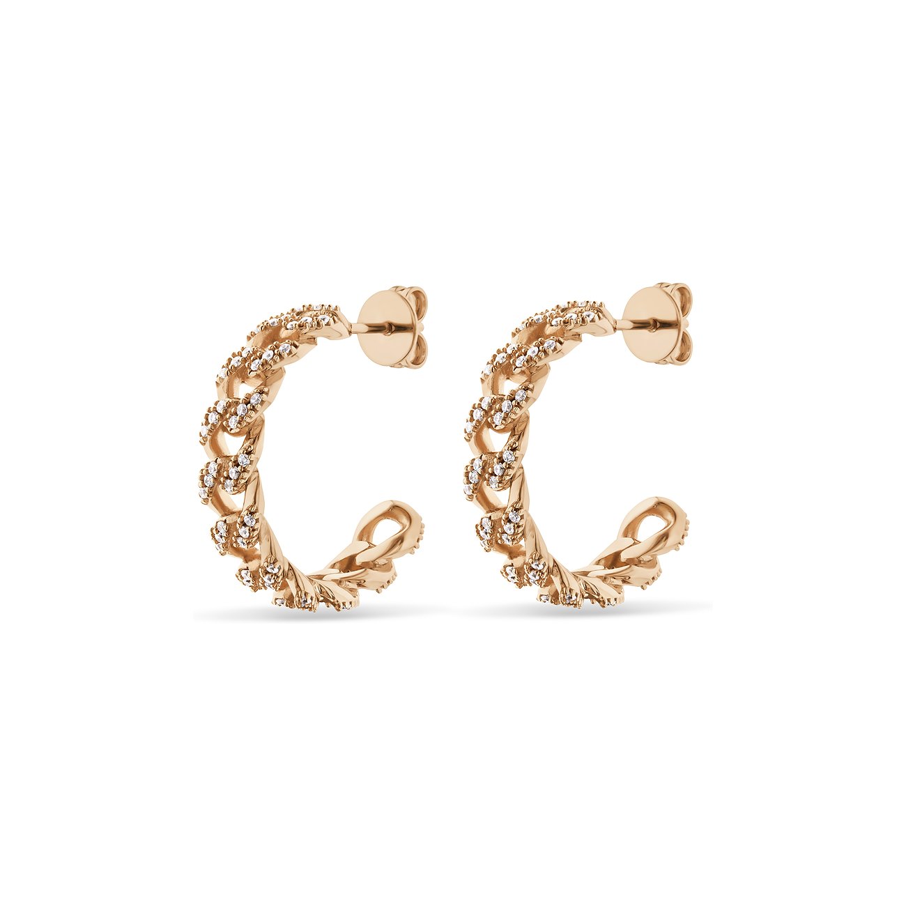 Ett par JETTE örhängen i roséguldfärgat 925 silver, prydda med zirkoniafärgade stenar i en kedje-creol design på vitt.