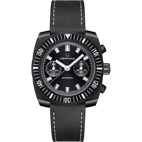 Certina Herrenuhr mit schwarzem Zifferblatt und Chronographenfunktionen, einem Aluminiumgehäuse und Lederarmband.