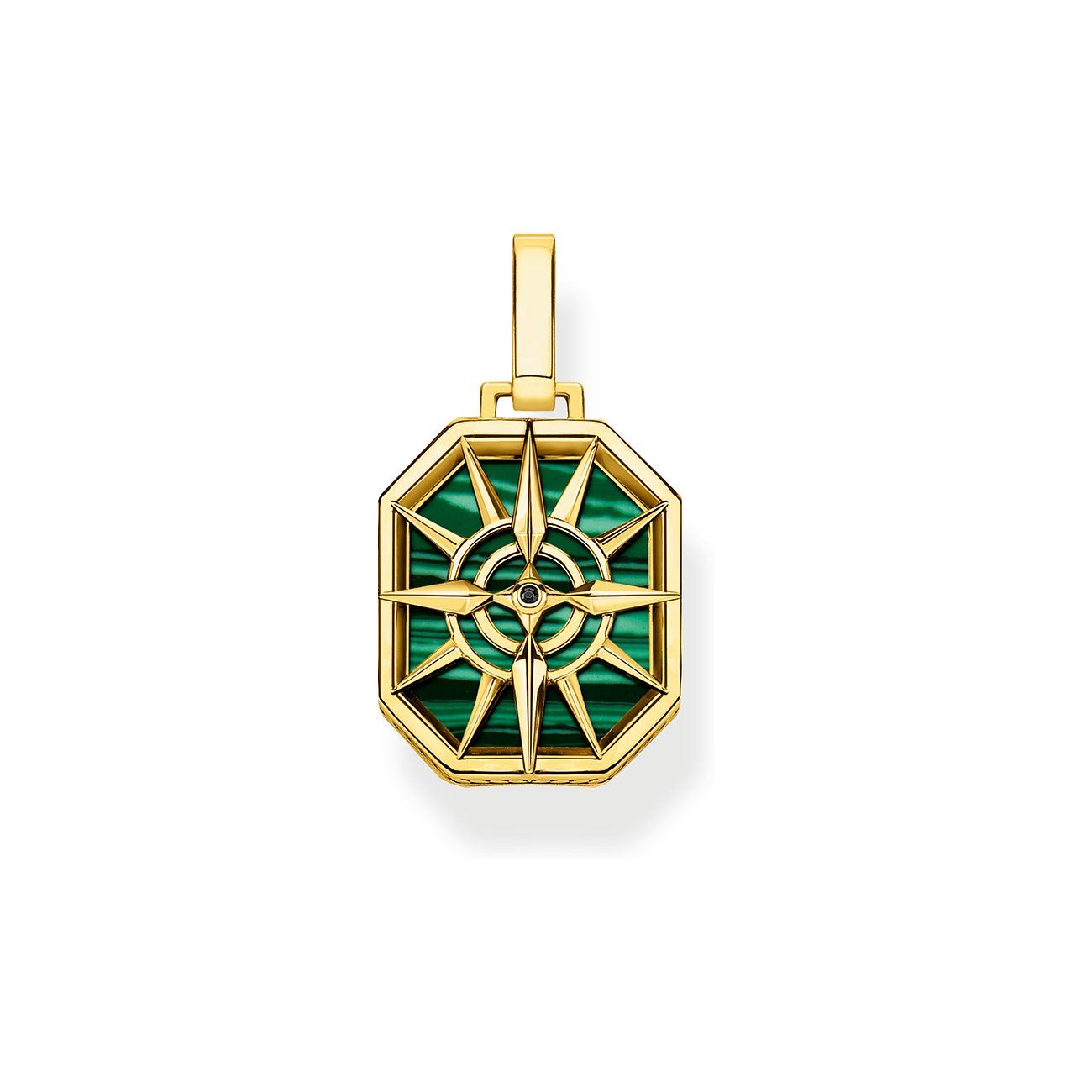 Thomas Sabo Anhängeschmuck aus vergoldetem Silber mit grünem Farbstein-Inlay und Kompassrose aus Zirkonia.