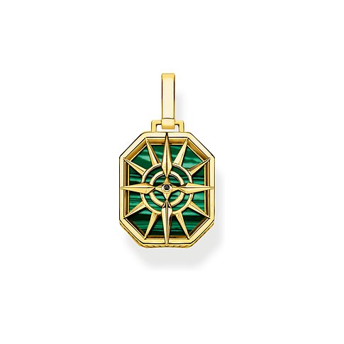 Thomas Sabo Anhängeschmuck aus vergoldetem Silber mit grünem Farbstein-Inlay und Kompassrose aus Zirkonia.