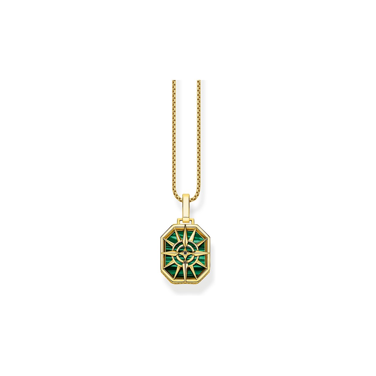 Thomas Sabo Anhängerschmuck aus Silber: ein goldener Anhänger mit einem grünen Farbstein und Kompassmotiv.