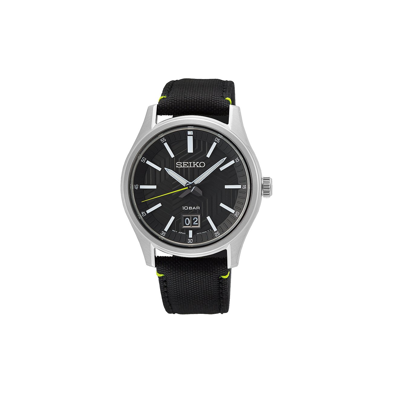 Seiko Herrenuhr aus Edelstahl mit schwarzem Zifferblatt, Datumsanzeige und schwarzem Textilarmband.