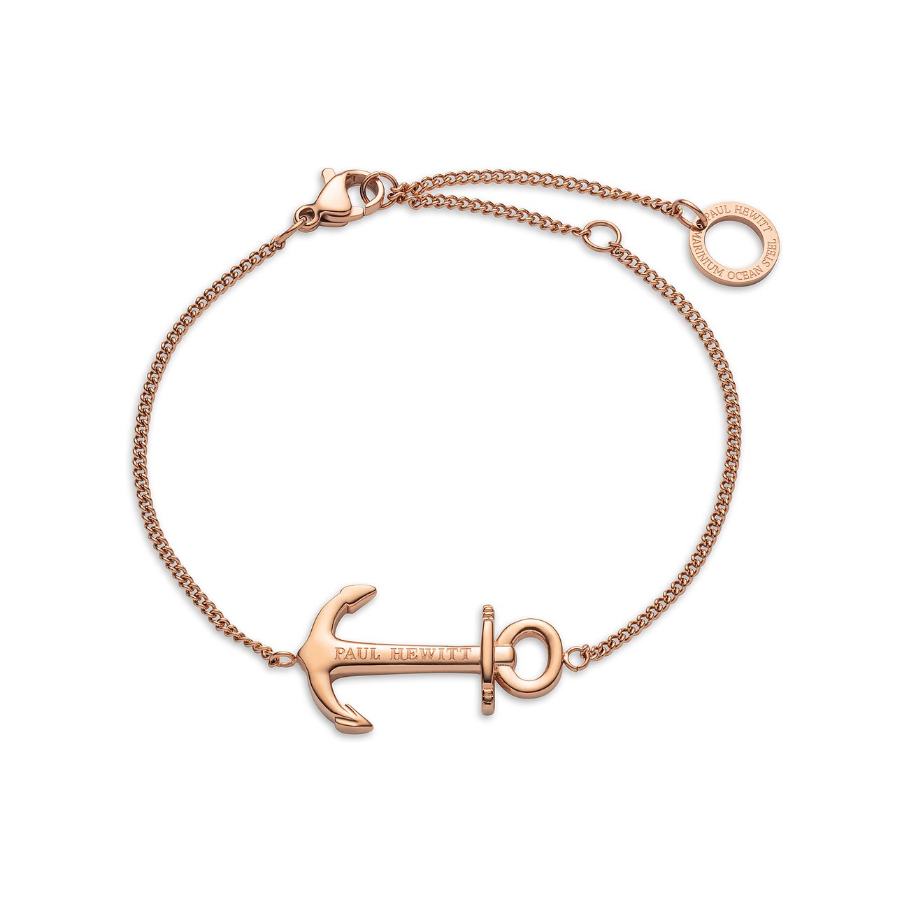 Gioiello Paul Hewitt: Un bracciale in oro rosa, acciaio inossidabile riciclato, con ciondolo a forma di ancora.