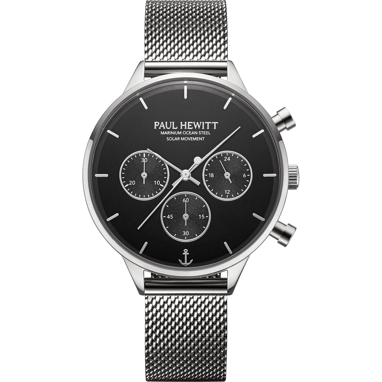Paul Hewitt damklocka i återvunnet rostfritt stål med svart urtavla och silverfärgad milaneserem.
