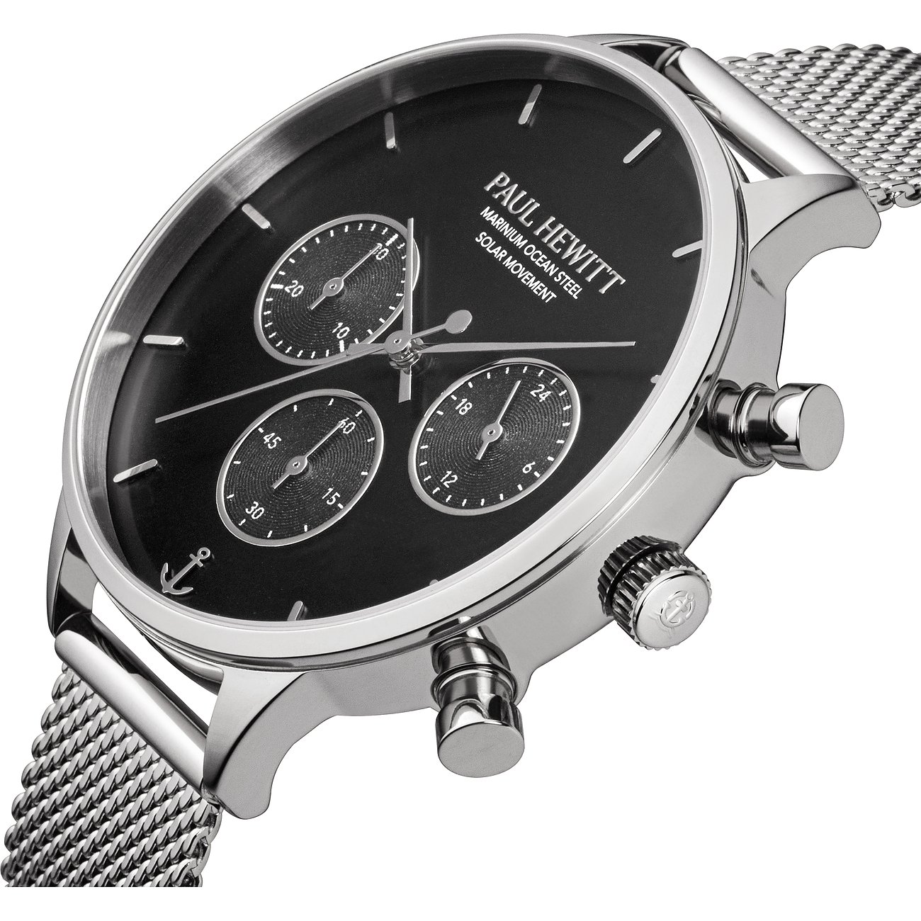 Närbild av Paul Hewitt damklocka i återvunnet rostfritt stål med svart urtavla och silverfärgade detaljer.