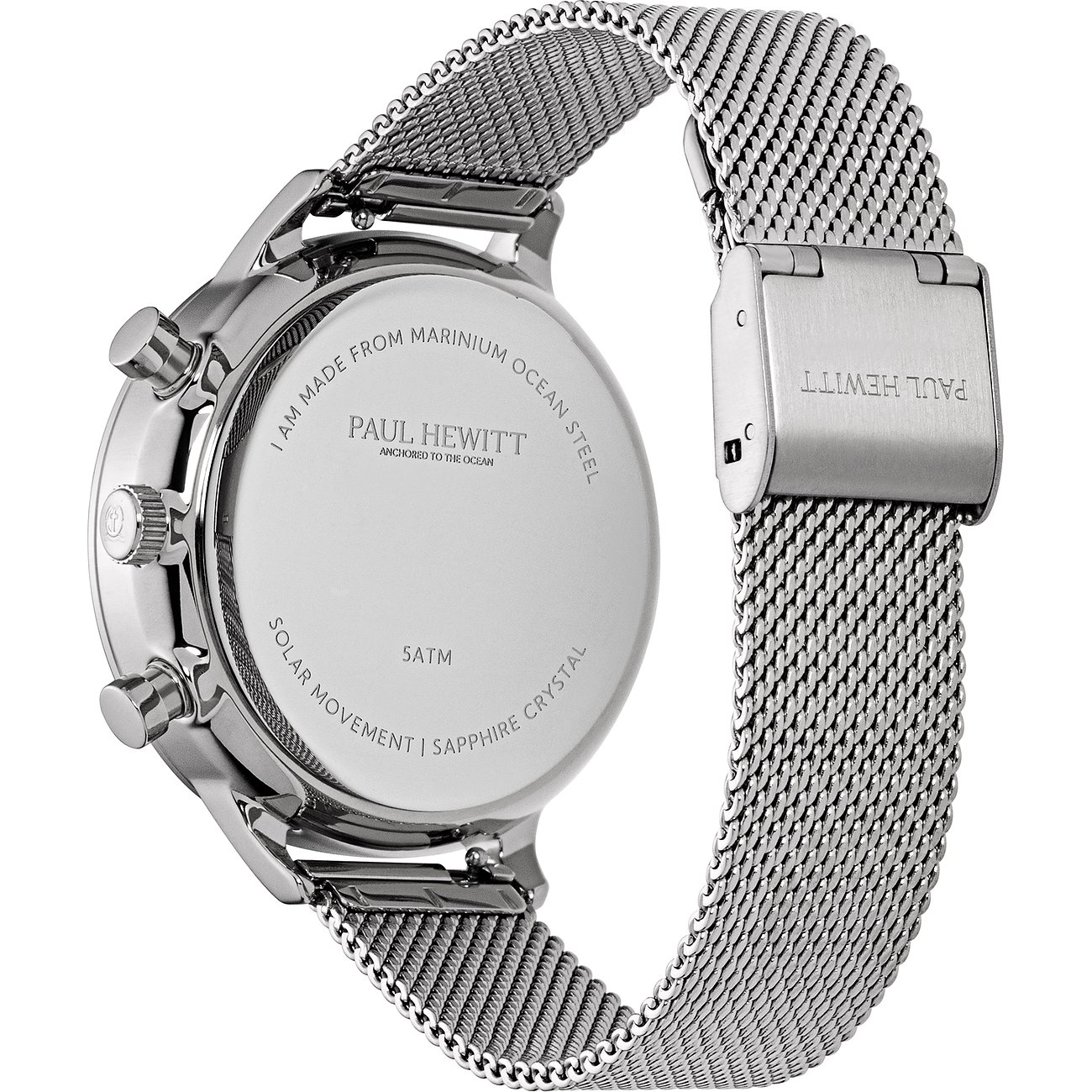 Baksida av Paul Hewitt damklocka i återvunnet rostfritt stål med graverad boettbaksida och spänne.