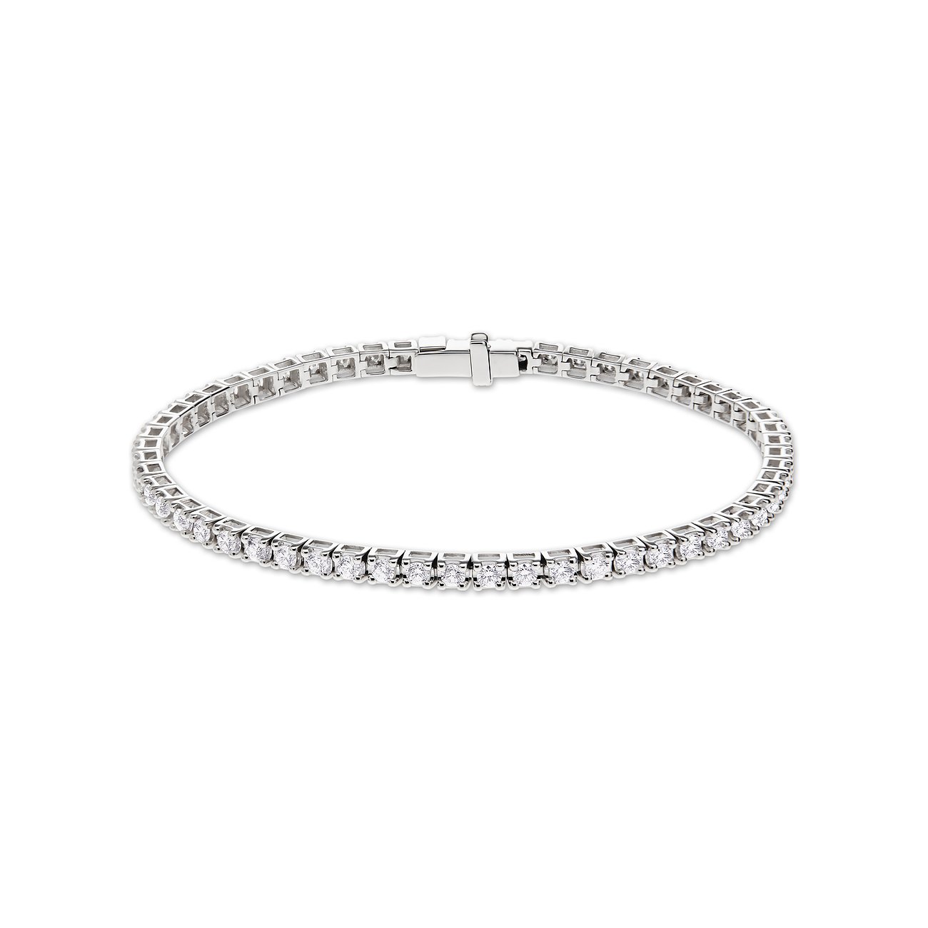 CHRIST Armschmuck, ein Tennisarmband aus 750er Weißgold mit durchgängig gefassten Diamanten, frontal aufgenommen.