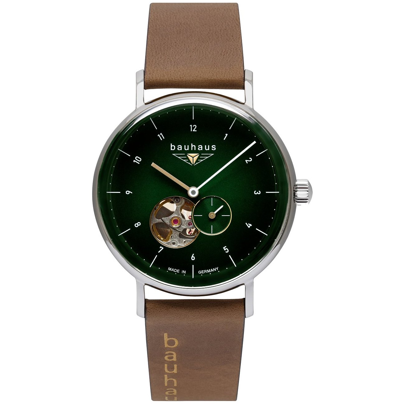 Iron Annie Herrenuhr mit grünem Zifferblatt aus Edelstahl und braunem Lederarmband, das Uhrwerk ist sichtbar.