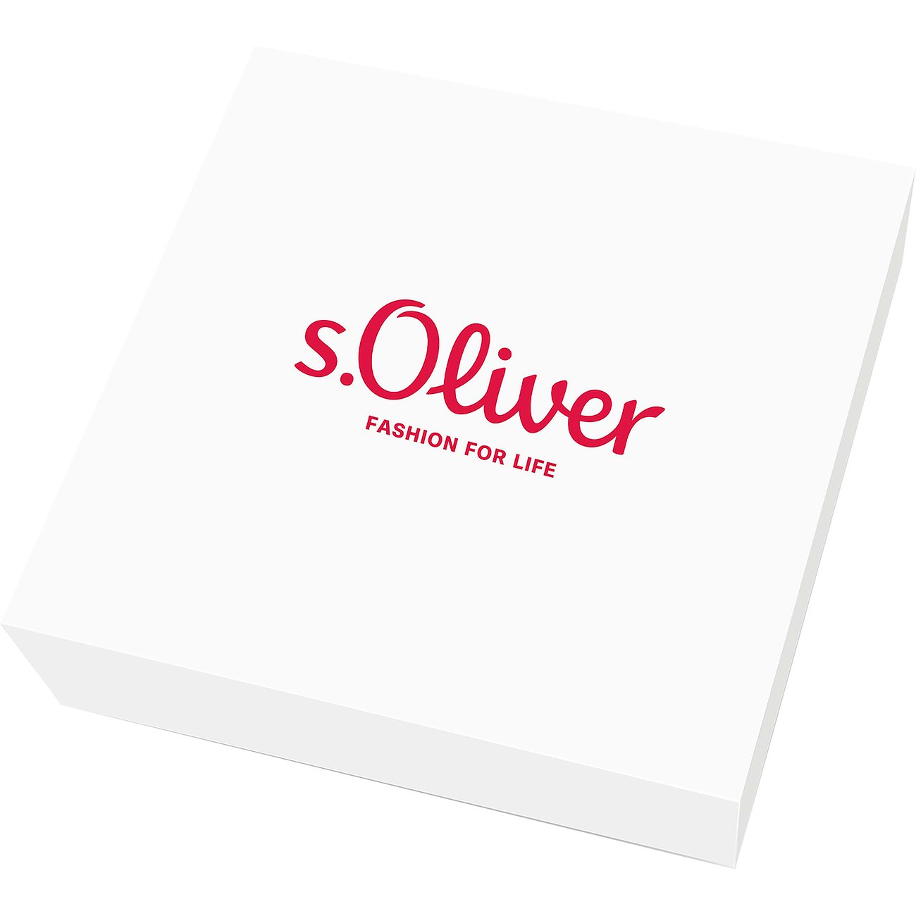 Scatola brandizzata S.Oliver bianca con logo rosso s.Oliver e scritta 
