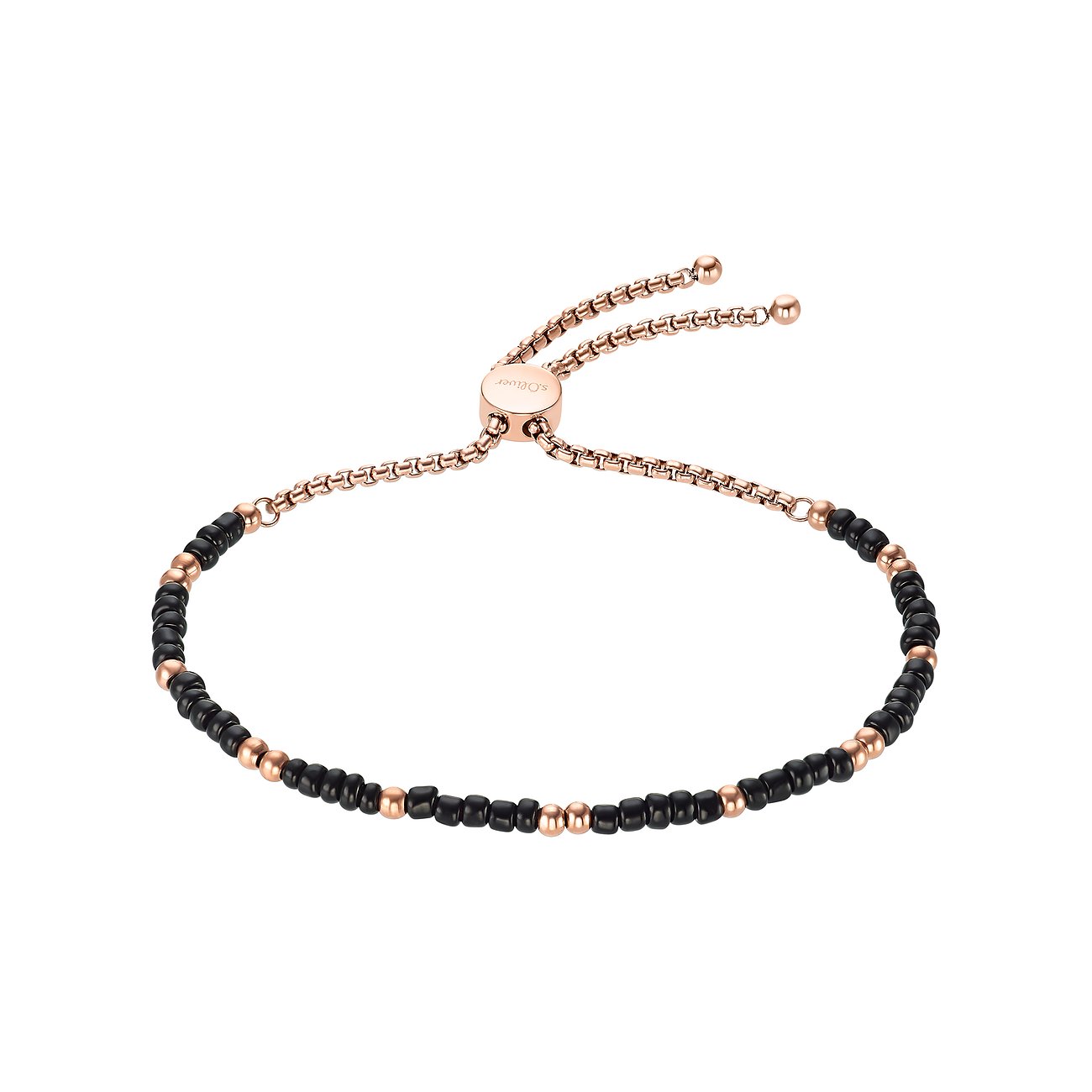 s.Oliver armband i roséguldfärgat rostfritt stål och svarta glaspärlor i makrovy.