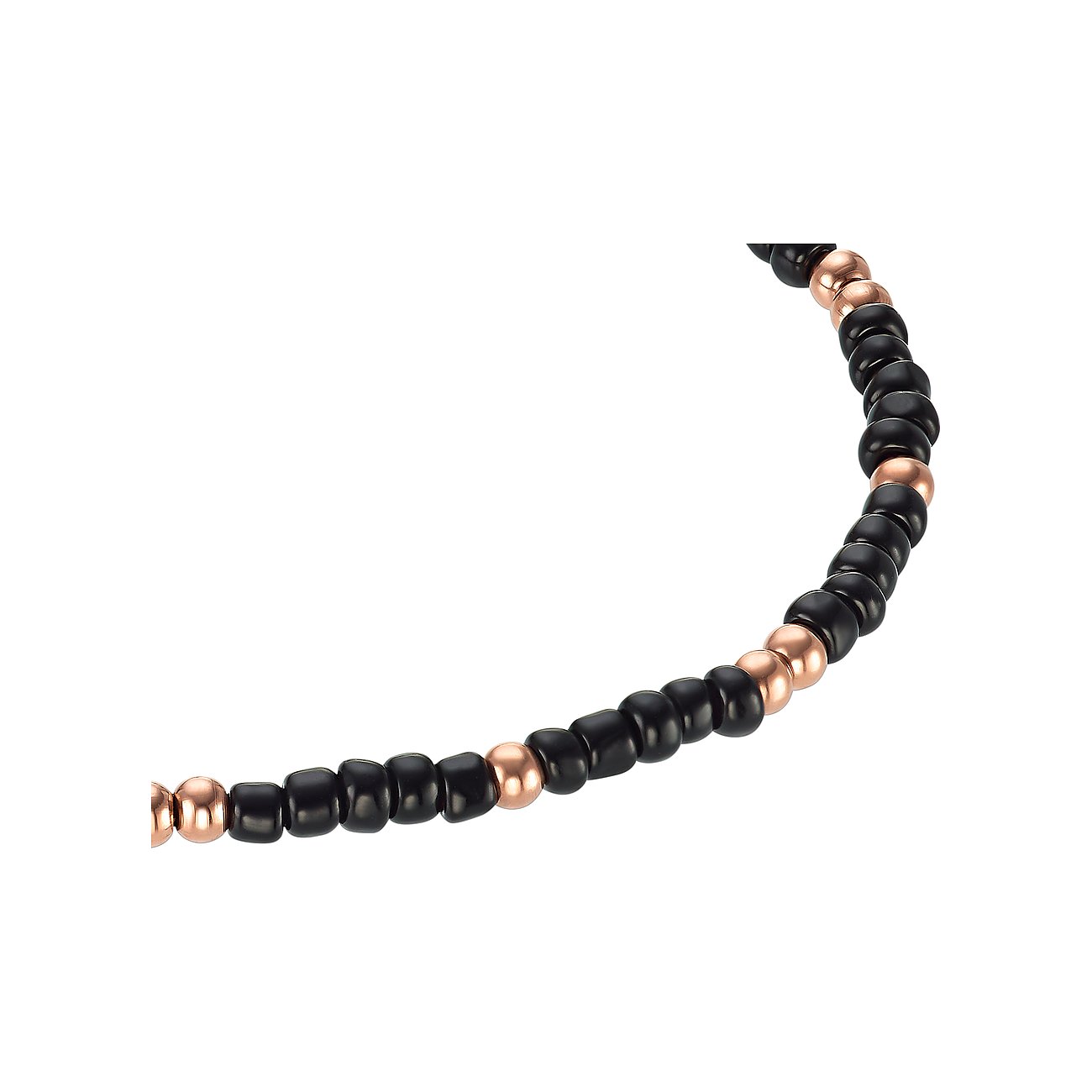 Närbild av ett s.Oliver armband med mattsvarta glaspärlor och glänsande roséguldfärgade rostfria stålpärlor.