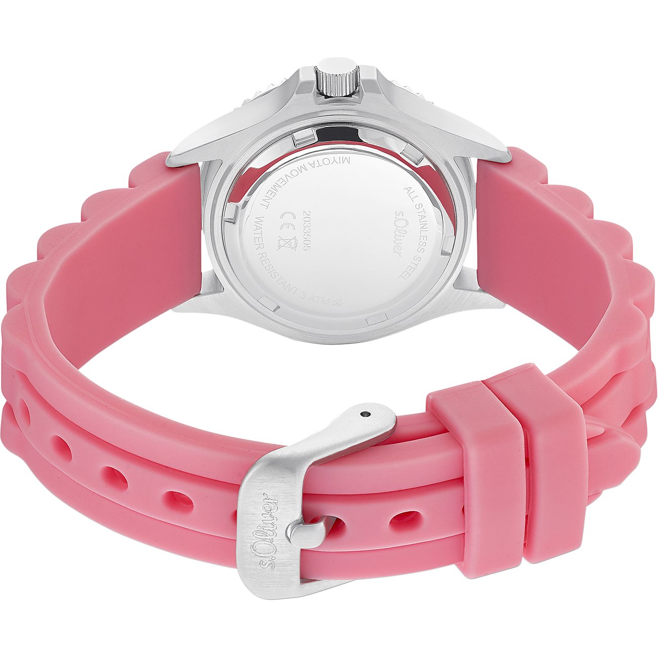Baksidan av s.Oliver barn-/ungdomsklocka i rostfritt stål med ett ljusrosa silikonarmband, öppet.
