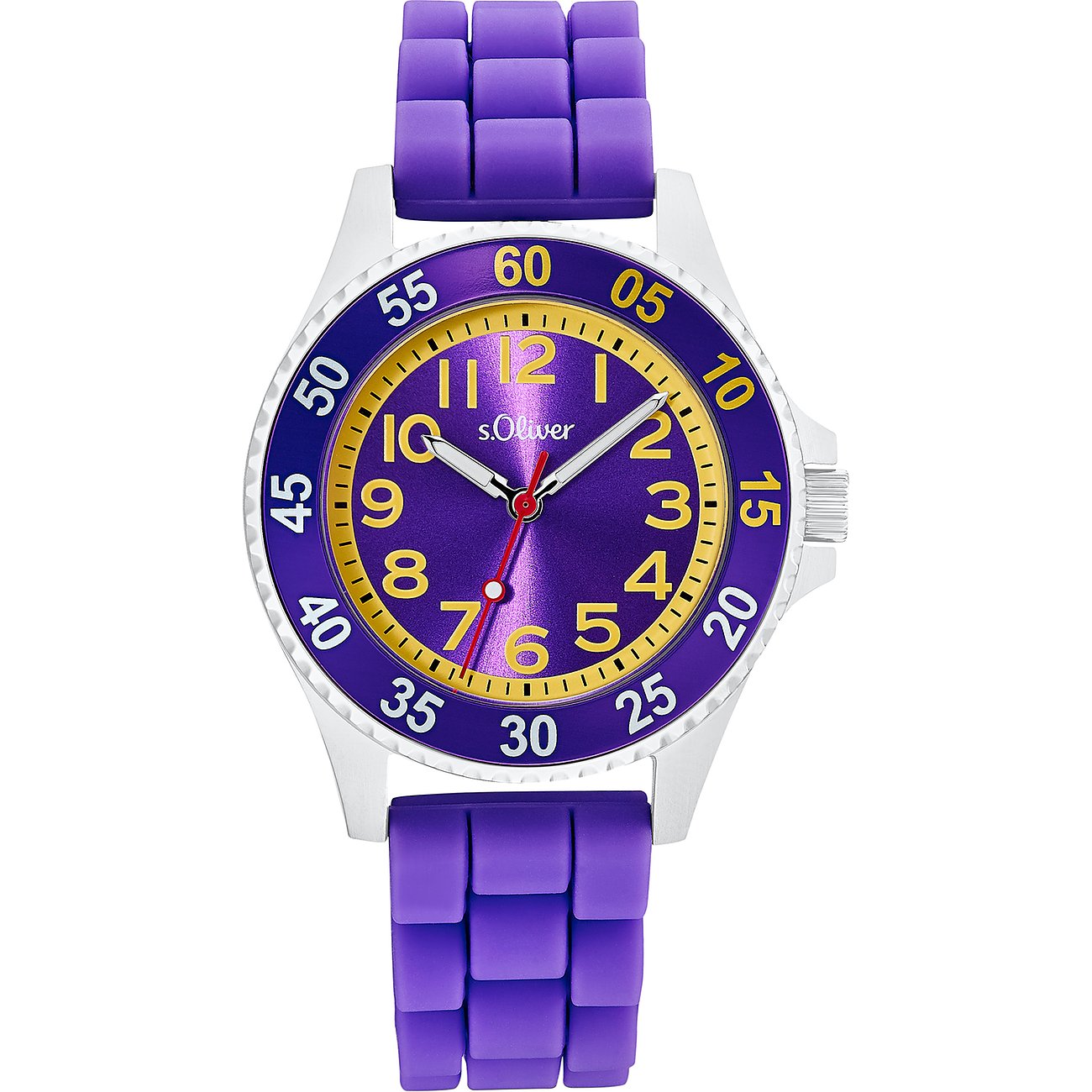 Montre enfant s.Oliver en acier inoxydable avec cadran violet-bleu et bracelet en silicone violet.