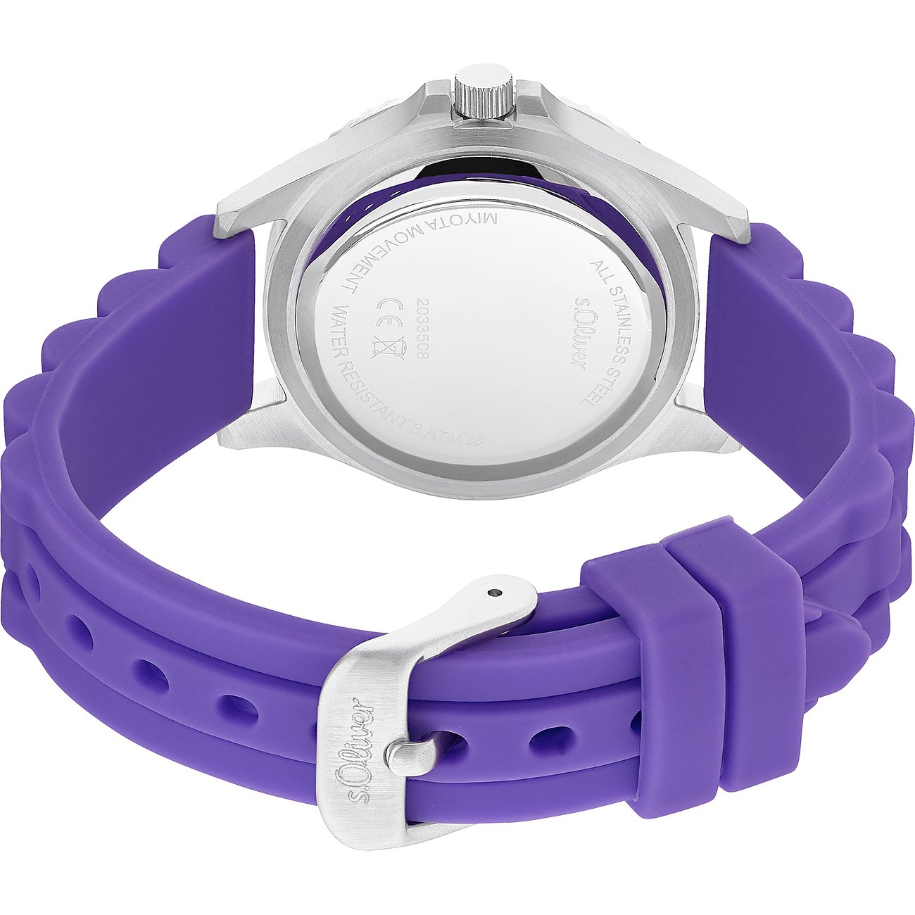 Dos d'une montre-bracelet enfant s.Oliver en acier inoxydable avec bracelet en silicone violet et boucle ardillon argentée.