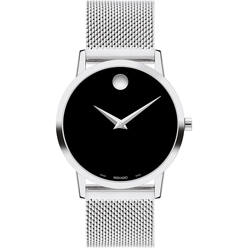 MOVADO Damenuhr aus Edelstahl mit schwarzem Zifferblatt und Mesh-Armband.