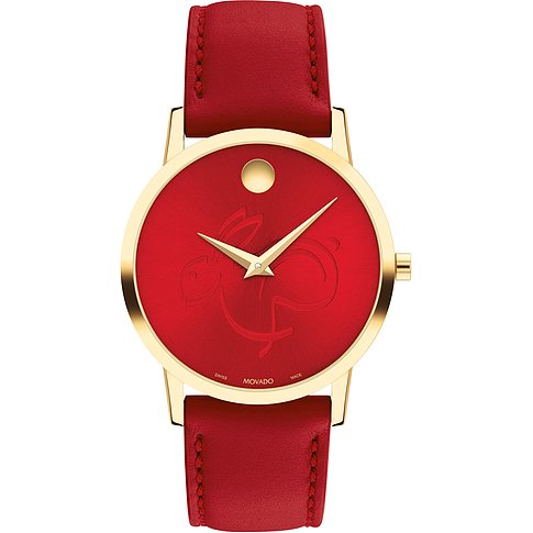 MOVADO Damenuhr mit Edelstahlgehäuse, rotem Zifferblatt und rotem Lederarmband.