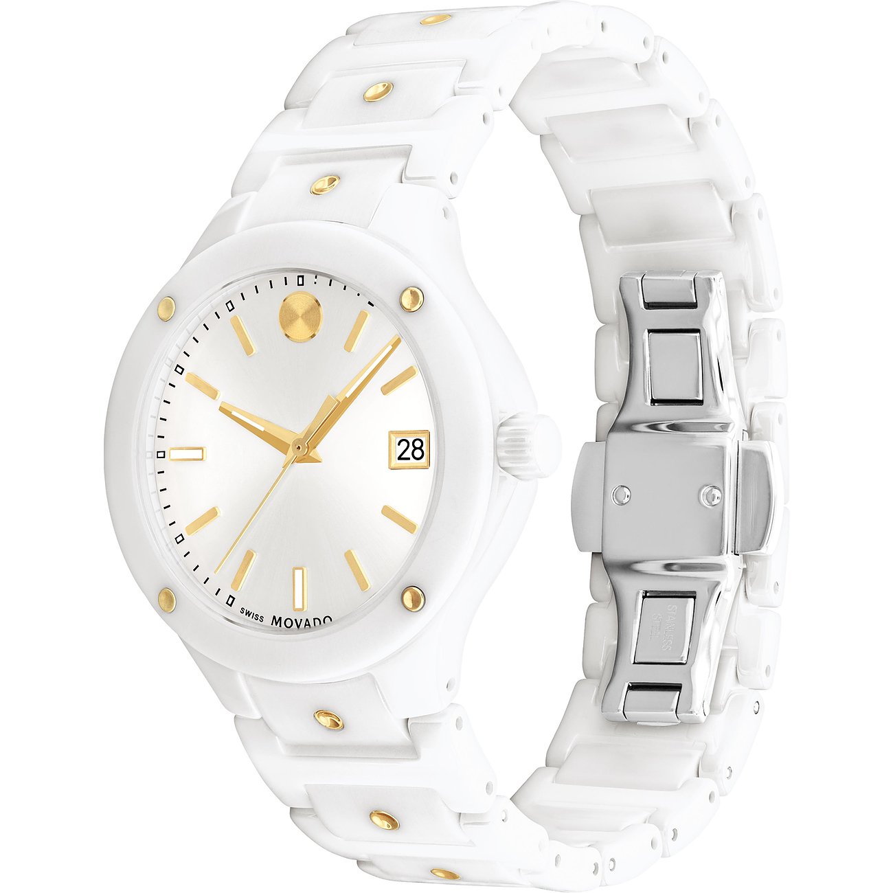 MOVADO Damenuhr aus weißer Keramik mit goldfarbenen Akzenten und Datumsanzeige, schräg von oben.