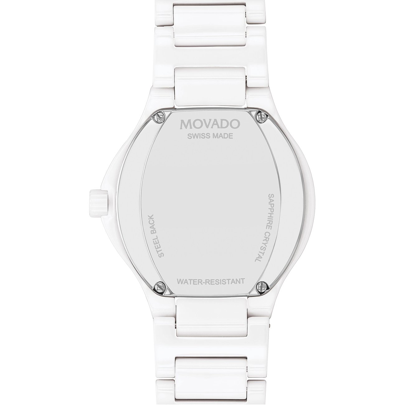 Rückansicht der MOVADO Damenuhr aus weißer Keramik mit Edelstahleinlagen, die Marken- und Produkteigenschaften zeigt.