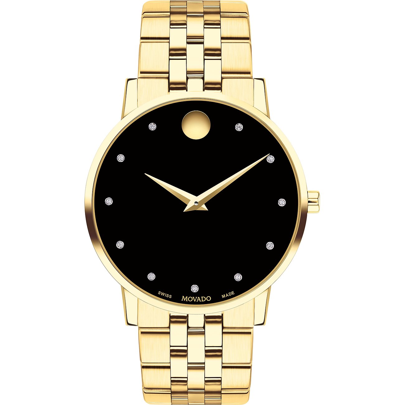 Movado herenhorloge van roestvrij staal met diamanten en zwarte wijzerplaat.