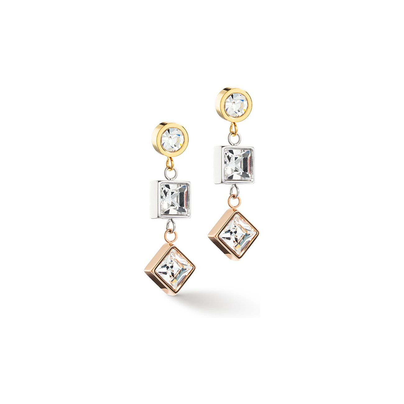 Coeur de Lion Ohrschmuck aus Edelstahl mit Fassungen in Gold-, Silber- und Roségold-Optik mit klaren Glassteinen.