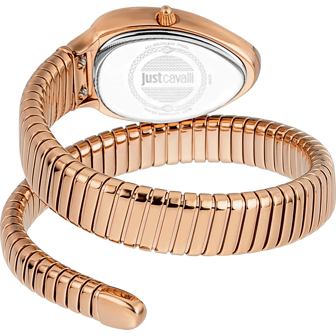 Bagside af et roséguld Just Cavalli dameur i rustfrit stål med slangeskindslook, detalje af Just Cavalli logoet.