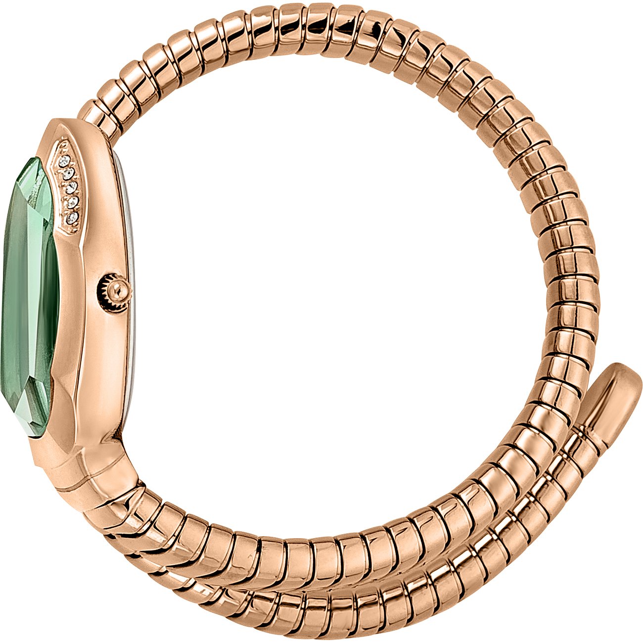 Just Cavalli dameur i roséguld-tonet rustfrit stål med spiralformet armbånd og grøn farvekrystal.