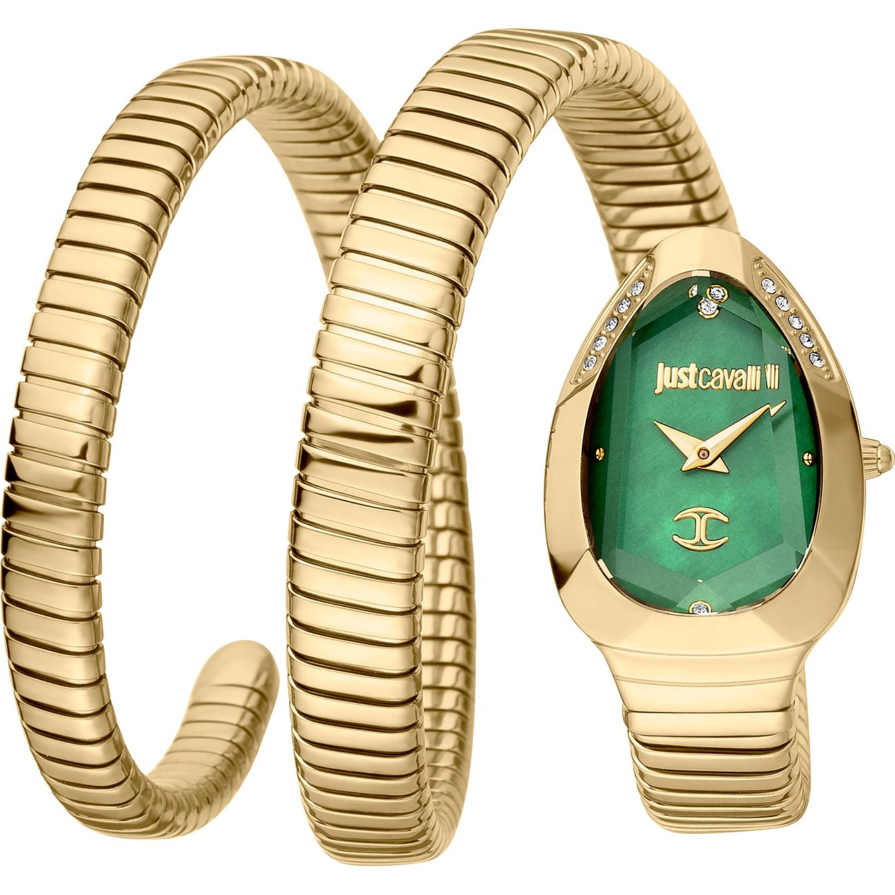 Just Cavalli Damenuhr aus goldfarbenem Edelstahl mit spiralförmigem Armband und grünem, kristallbesetztem Zifferblatt