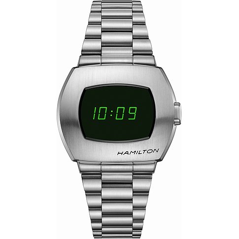 Hamilton Herrenuhr mit Edelstahlgehäuse, digitaler Anzeige und silberfarbenem Armband.