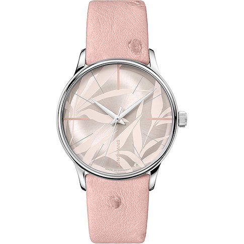 Junghans Damenuhr mit Edelstahlgehäuse und pinkfarbenem Lederarmband, analog.