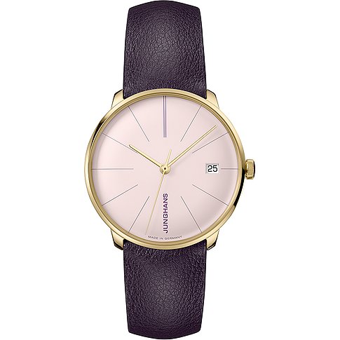 Junghans Damenuhr mit Edelstahlgehäuse, analog, mit Datum, rosafarbenes Zifferblatt.