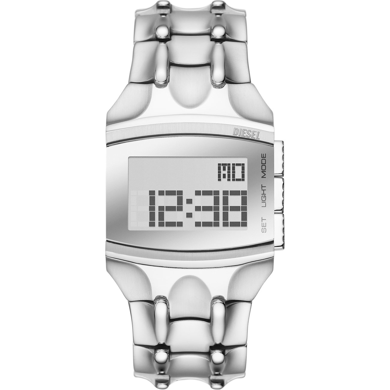 Montre homme Diesel en acier inoxydable, digitale, vue de face, affichant l'heure 12:38.