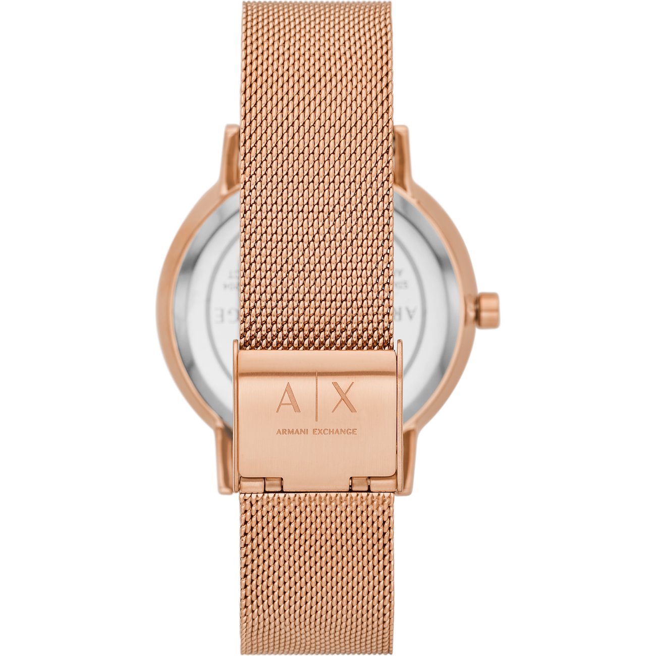 Baksida av en Armani Exchange damklocka i roséguldfärgat rostfritt stål med vit urtavla och logga på spännet.